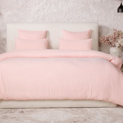 Parure housse de couette 240x220cm + 2 taies 100% gaze de coton lavée rose lotus - VALMA (1/4)