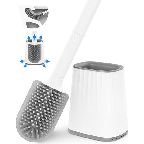 Brosse De Toilette - Tête Double Face En Silicone - Manche Long En PP - Support Mural Et Pied Au Sol - Lot Complet Avec Réservoir (1/5)