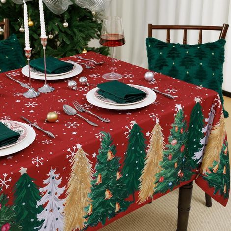 Weihnachts-Tischdecke Rot 180x140cm abwaschbar mit Weihnachtsbäumen & Schneeflocken