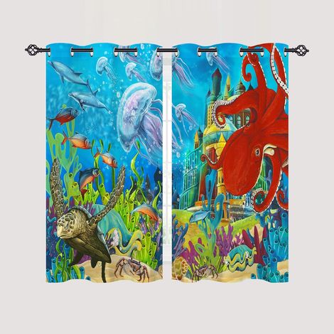 Rideau Occultant Océan Château Pieuvre Tenture Opaque à Oeillets Draperies Intérieurs Rideau Thermique Isolant pour Maison Chambre Salon Fenetre 2 Pièces L 60 x H 90 cm - 60L X 90H cm (2 Panneaux) (1/5)