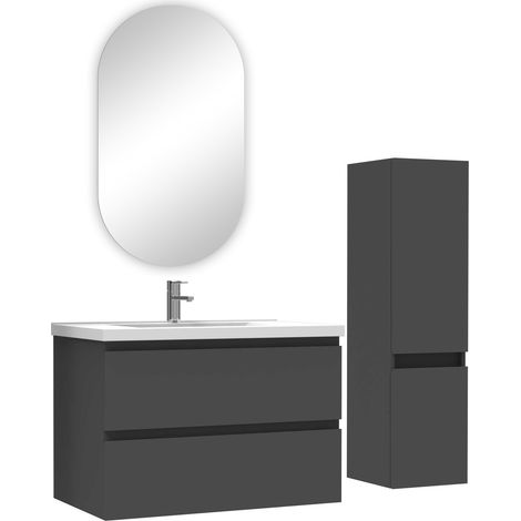 Acezanble ensemble meubles Salle de Bain 80cm vasque + colonne + miroir ovale Anthracite