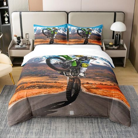 Parure de lit 100 % coton avec housse de couette 135 x 200 cm et 1 taie d'oreiller - Fermeture éclair - Motif motocross (1/5)