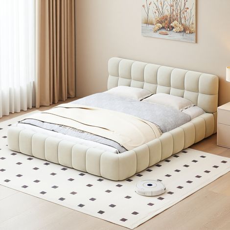 Fortuna Lai – Lit adulte 140x190 cm avec sommier à lattes – Tête de lit moelleuse en lin capitonné – Capacité 300 kg – Style scandinave – Beige (1/5)