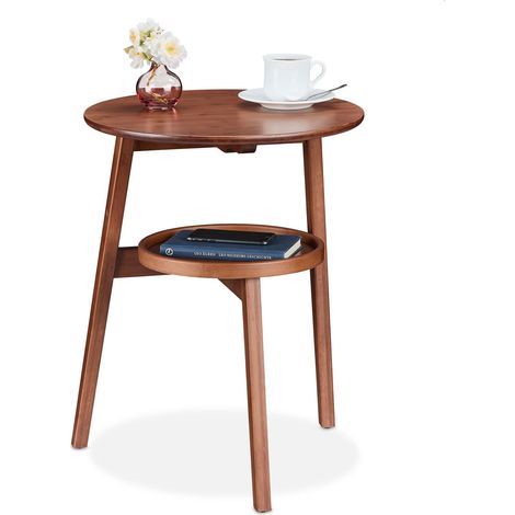 Relaxdays Beistelltisch, Sofatisch mit 2 Ebenen, Tischchen HBT: 60x47x40 cm, runder Couchtisch Wohnzimmer, Bambus, braun