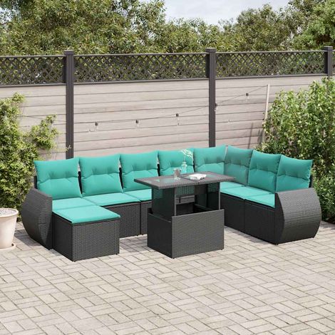 9-teiliges Gartensofa-Set mit Kissen, schwarzes Polyrattan (1/5)