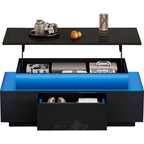 Table basse relevable noire avec éclairage LED, table de salon avec plateau hydraulique et rangement caché, 96x45x40 cm (1/5)