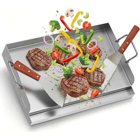 Plancha Plaque de cuisson universelle en acier inoxydable 47 x 32 cm (2 mm) pour barbecue à gaz et barbecue au charbon de bois – Avec rainure à graisse et 2 spatules (1/5)