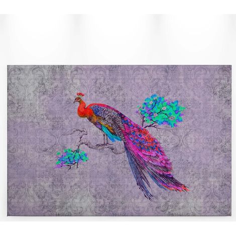 Tableau sur toile oiseau multicolore sur fond violet | Tableau avec paon coloré pour chambre adulte | Tableau animaux salon 0,9 x 0,6 m (1/5)