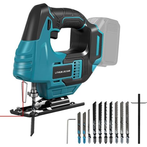 Cordless Jigsaw Compatible with 18V Battery (Not Battery), 450W Brushless Jigsaw with 45° Tilt, 55mm Depth Cutting, LED Laser Light, 10 Blades and Plastic Case (1/5)
