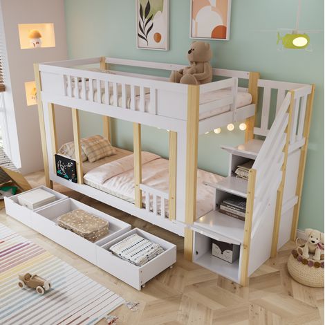 Lit superposé 90x200 cm enfant en bois blanc et marron avec escalier de rangement, tiroirs et tableau (1/5)