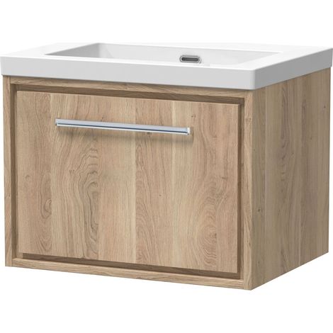 Longnor 1 Drawer Wall Hung Vanity Unit with 1 Tap Hole Modern Fireclay Basin, Light Oak, 600mm