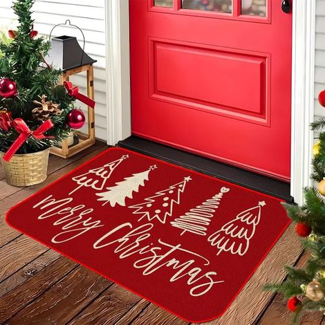 Tapis De Seuil - 15x23 Pouces - Motif Arbre De Noël Rouge - Base Antidérapante En Caoutchouc Recyclé - Pour Entrée Intérieure Extérieure - 1 Pièce (1/5)