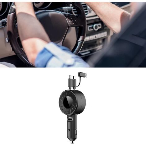 Chargeur Voiture USB 3-en-1 Rétractable 150cm Plastique Portable Allume-Cigare Auto Noir (1/5)
