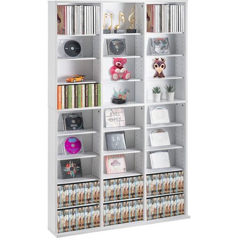 Étagère Rangement CD DVD Armoire de Rangement 27 Compartiments Réglables 9 Niveaux Capacité 756 CD 949x182x1538 mm Blanc (1/5)