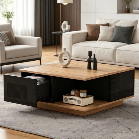 Table basse 70x70 cm carrée avec 3 tiroirs et rangement ouvert, surface brillante, décor bois et noir (1/5)