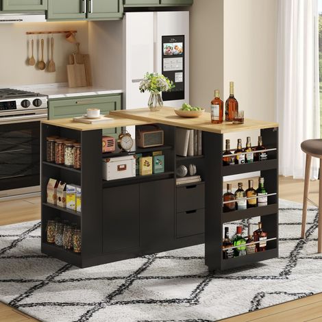 Isla de cocina 115 x 50 x 92 cm con encimera extensible, tres estantes y dos cajones. Acabado en negro y natural. (1/5)