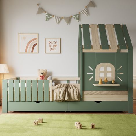 Letto per bambini, letto a casetta con tetto e finestra, con davanzale in legno, recinzione su quattro lati, con 2 cassetti, pino+MDF, verde+naturale, 90x200cm (1/5)