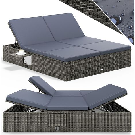 Casaria – Transat double réglable 220 x 160 cm – Polyrotin résistant aux intempéries – Charge max 220 kg – Tables pliables – Coussins lavables