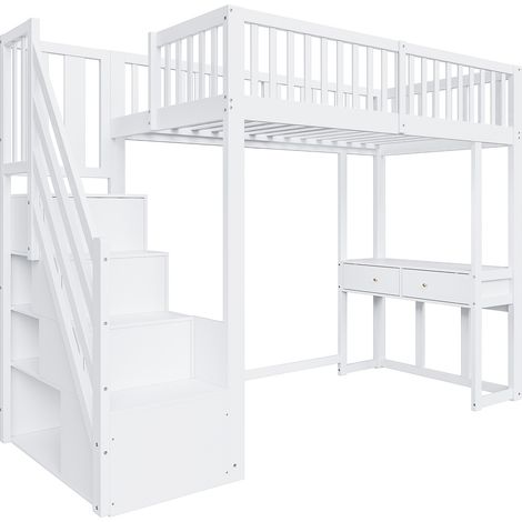 Lit mezzanine 90 x 200 cm blanc avec table multifonction et escalier de rangement en bois de pin (1/5)