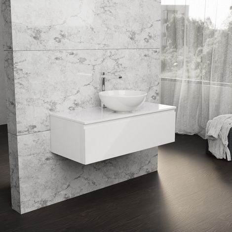 Inda - Badezimmerschrank B.100 mit Aufsatzwaschbecken / Hochglanzweiß 1 Schublade - Rubin (1/5)