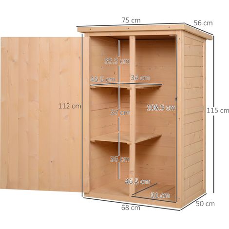Abri de jardin, abri à outils, abri de rangement avec étagères, bois de sapin, bois naturel, 75 x 56 x 115 cm