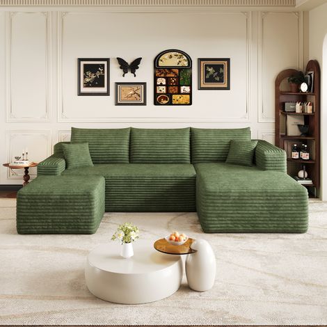 Canapé d’angle modulable 3 places 241x151x58 cm, style nuage avec assise profonde, sans montage, velours côtelé vert, pour salon moderne (1/5)