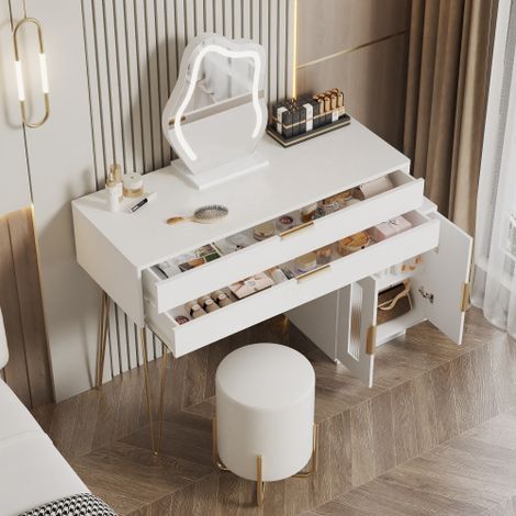 Ensemble coiffeuse moderne pour chambre (avec miroir LED) – Design blanc extensible – Dimensions : L 100 / H 78 / P 40 cm (tabouret non inclus) (1/5)