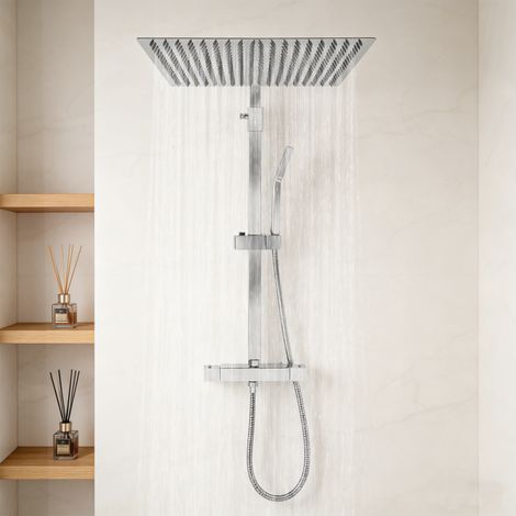 Système de douche avec thermostat, 40 x 40 cm, robinet de douche, douche à effet pluie, acier inoxydable, hauteur réglable, barre de douche, ensemble de colonne (1/5)
