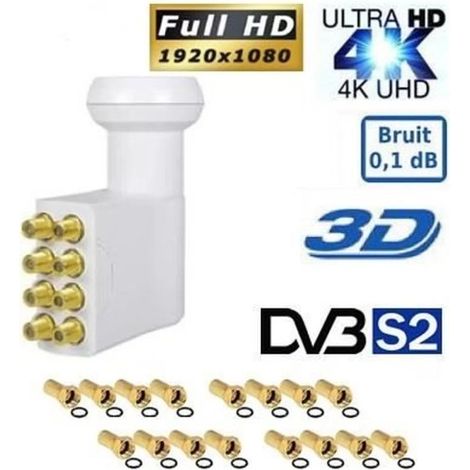 PL-8, 0.1dB, High Gain 60DB Tête Parabole 8 sorties, Compatible Full HD 4K TNTSAT Canal+ Astra et FRANSAT + 16 fiches F