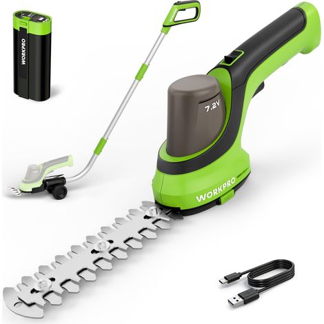 7,2 V Coupe-Bordures et Taille-Haie, 2 Lames, Manche Télescopique 95 cm avec Roues, Largeur de Coupe 100 mm, Longueur 150 mm, Batterie 2000 mAh, pour Bordures de Gazon et Arbustes (1/5)