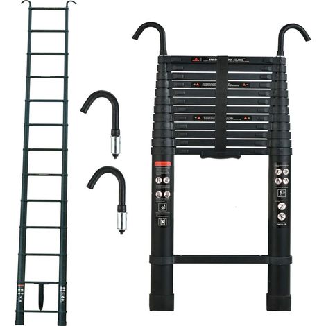 5M Échelle télescopique en Aluminium avec 2 Crochets,Échelle télescopique Extensible Antidérapante,Interrupteur de sécurité à Plusieurs Niveaux,Échelle Polyvalente 16 Echelons,Charge 150KG,Noir (1/5)
