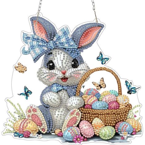 Osterhase Diamond Painting Anhänger mit Kette, Fensterbild Bastelset für Wanddeko (1/4)