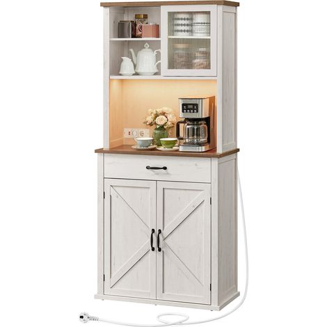 VASAGLE Credenza Cucina con Luce e Multipresa, Mobile Dispensa Cucina con Ante e Cassetto, 39,5 x 80,4 x 180,6 cm, con Ripiani Regolabili, Stile Farmhouse, Bianco Vintage e Marrone Miele BBK363W22 (1/5)