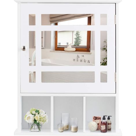 COSTWAY Armario de Baño de Pared Mueble con Espejo, Estante y 3 Compartimentos Abiertos Blanco (1/5)