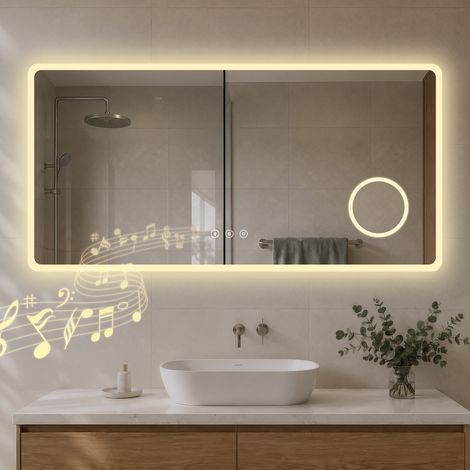 Miroir salle de bain LED 120 x 60 cm Bluetooth, 3 couleurs, dimmable, anti-buée, grossissant 3x – S'AFIELINA
