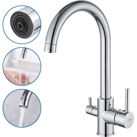 Auralum Robinet de Cuisine 3 Voies, Mitigeur 3 Voies Cuisine Pivotant à 360°, Robinetterie Cuisine Eau Potable,Robinet Évier de Cuisine avec Sortie Eau Filtrée, Acier Inoxydable (1/5)