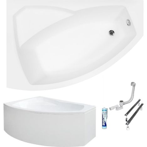 ECOLAM Baignoire d'angle Rima 130x85cm  version gauche  tablier acrylique  pieds siphon + silicone  Belle forme  Set complet