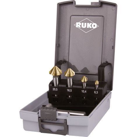 RUKO Jeu de fraises coniques et ébavureuses DIN 335 Forme C 90° HSS-TiN en cassette plastique ABS 5 pièces 102154TRO