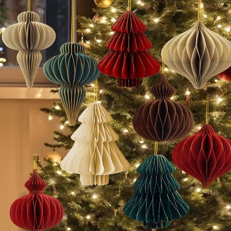 9 decorazioni per l'albero di Natale - Lanterne a nido d'ape - Ornamenti origami - Decorazioni per la casa color rosso vino (1/2)