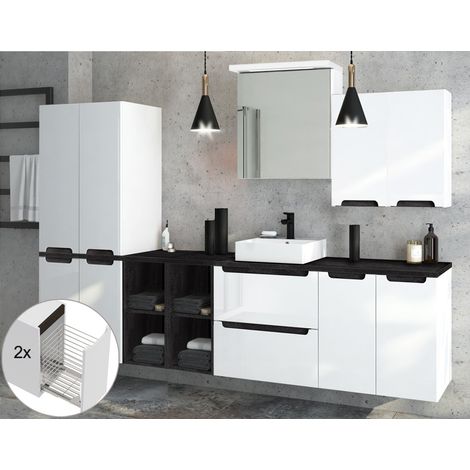Badmöbel Set Hochglanz weiß mit Beton-Dunkel SOFIA-107 Keramikbecken & LED-Spiegelschrank, B/H/T ca. 240/200/46 cm (1/5)