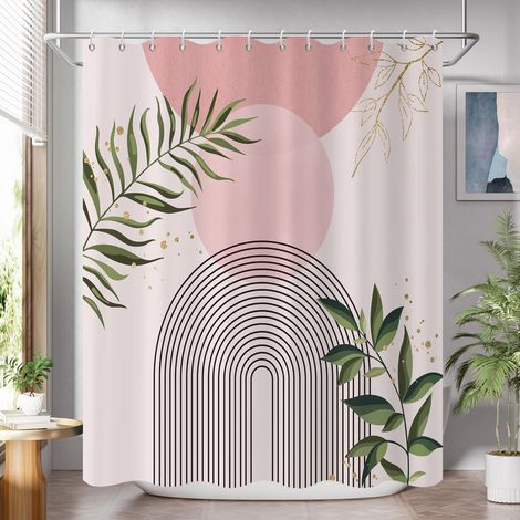 Rideau de Douche, 165x180cm, Rose Boho Milieu du Siècle Moderne Abstrait Arc Soleil Géométrique Plante Botanique Tissu Pmperméable Machine Lavable Rideau de Salle de Bain avec Crochets (1/5)