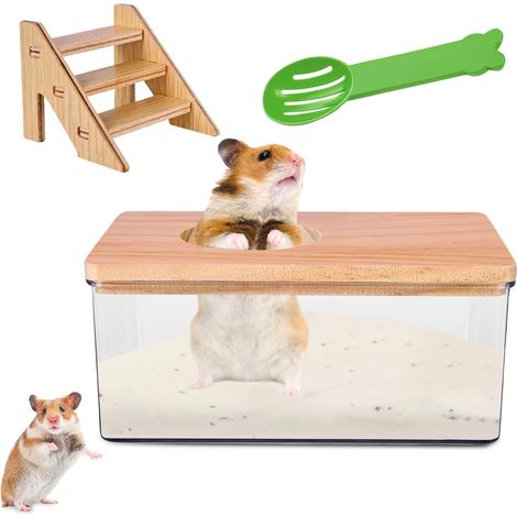 salle de bain pour hamster carrée en acrylique transparent avec échelle, pelle et couvercle en bois naturel (1/5)