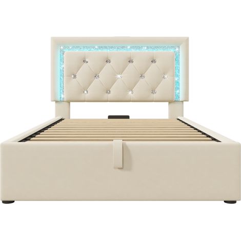 Lit rembourré 90x200 cm en velours, lit simple avec bande LED diamant intégrée à la tête de lit, station de charge USB et Type-C, coffre de lit hydraulique avec rangement, lit jeunesse moderne avec so (1/5)
