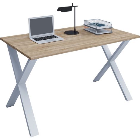 Scrivania in legno VCM A. 76 x L. 110 x P. 50 cm Tavolino per computer stand in metallo di alta qualità Tavolo da lavoro Mobili per ufficio - Lona U (Bianco / Sonoma rovere)