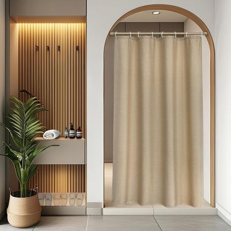 Rideau de douche, 120 x 200 cm, lin texturé, marron clair, imperméable, fin, petit, lourd, hôtel, tissu textile de luxe, anti-moisissure, lavable, avec 8 anneaux (1/5)