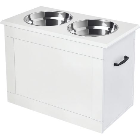 Erhöhter Hundenapf Futternapf mit Staumraum Wassernapf 2 x 2000ml Edelstahlnäpfen Hundenäpfe Fressnapf Futterstation für Hunde Katzen Weiß