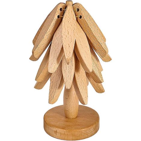 Ensemble de dessous de verre en bois en forme d'arbre pour plats chauds, idéal pour les théières et les casseroles, en bois naturel et pliable. (1/4)