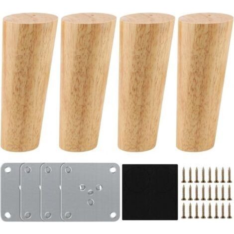Pieds de Meuble Bois de Rechange 12cm,Lot de 4 Pieds de Meuble en Bois Pieds de Meuble avec Plaque de Montage Vis et Tapis antidérapant Pieds de Meuble Bois Pieds de Canapé Bois pour Lit et Chaises (1/4)