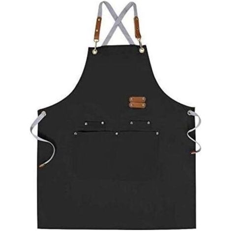 Tablier De Chef - Toile Coton 380 g/m² - Dos Croisé Réglable - Grandes Poches Renforcées Rivets - Noir - 1 Pièce (1/4)
