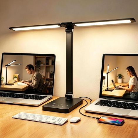 Lampe de Bureau Double Tête LED, 2A Adaptateur inclus, 5 Couleur 10 Luminosité, 45Min Timer, Lampe de Table Tactile avec Port USB pour Lecture Étude Manucure, Lampe Bureau LED, Noire (1/5)